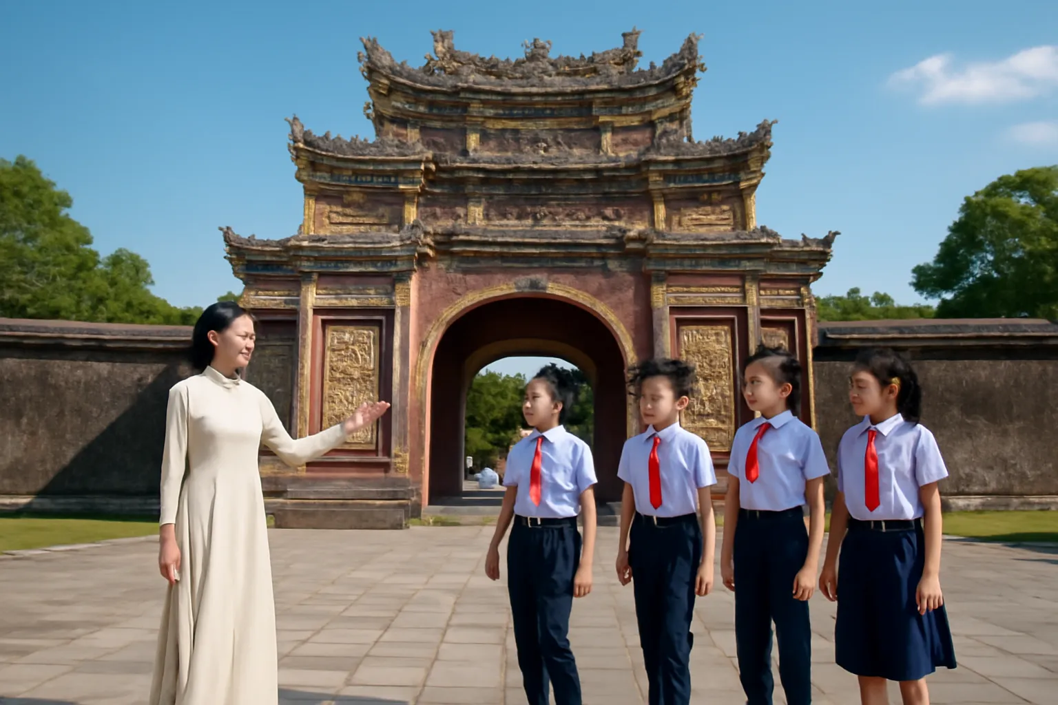 Cô giáo dẫn học sinh cấp hai tham quan sân Đại Nội Huế buổi sáng nắng