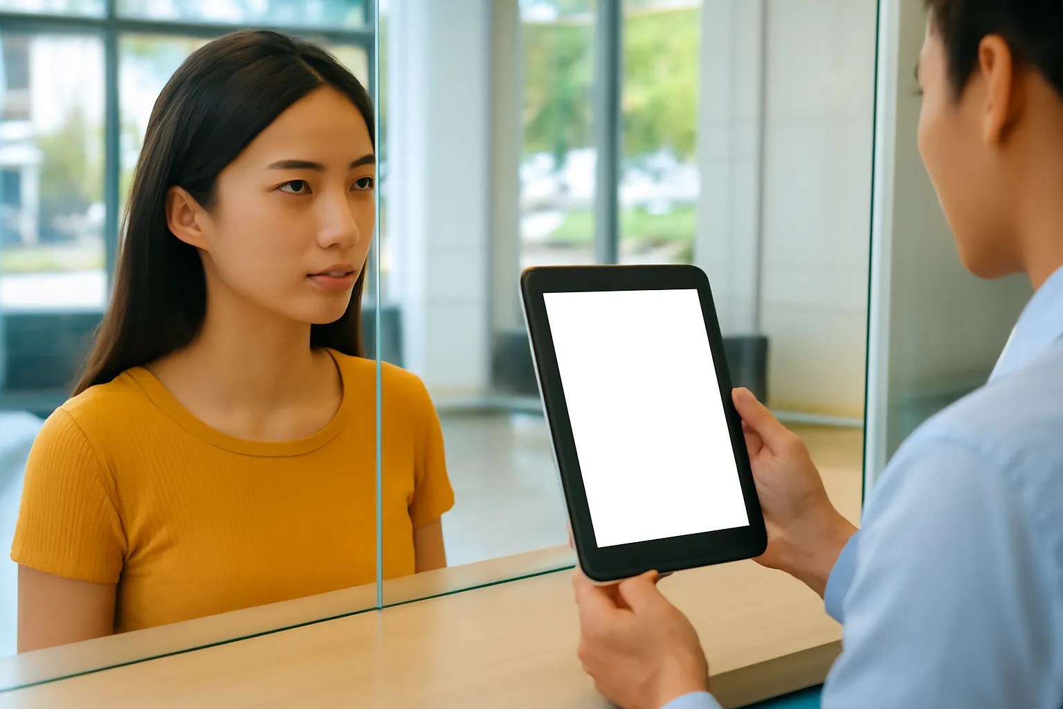 Nhân viên ngân hàng hướng dẫn cô gái trẻ xác thực khuôn mặt tại quầy giao dịch
