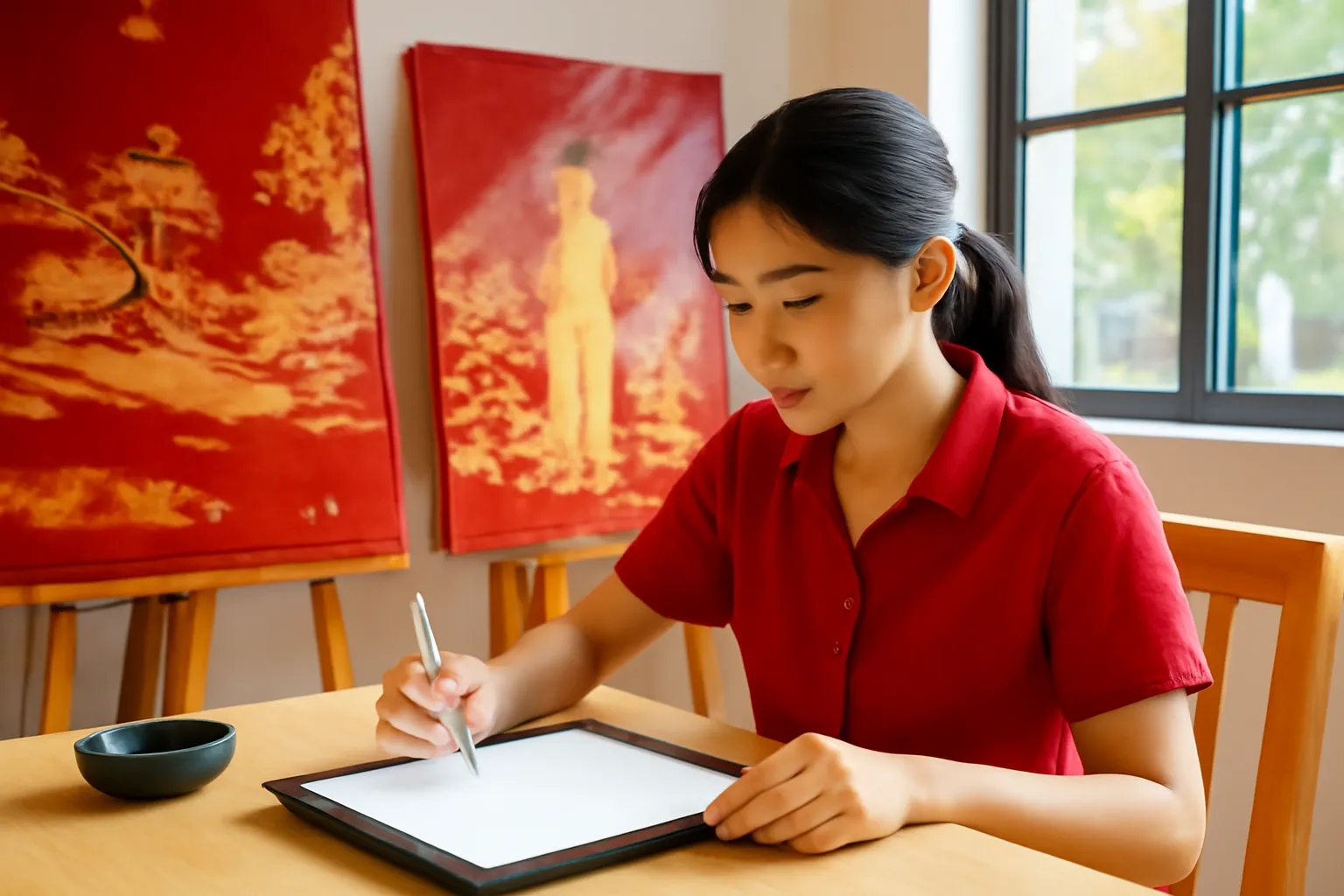 Hoạ sĩ trẻ phác chì trong xưởng sơn mài ngập nắng, bên cạnh máy tính bảng