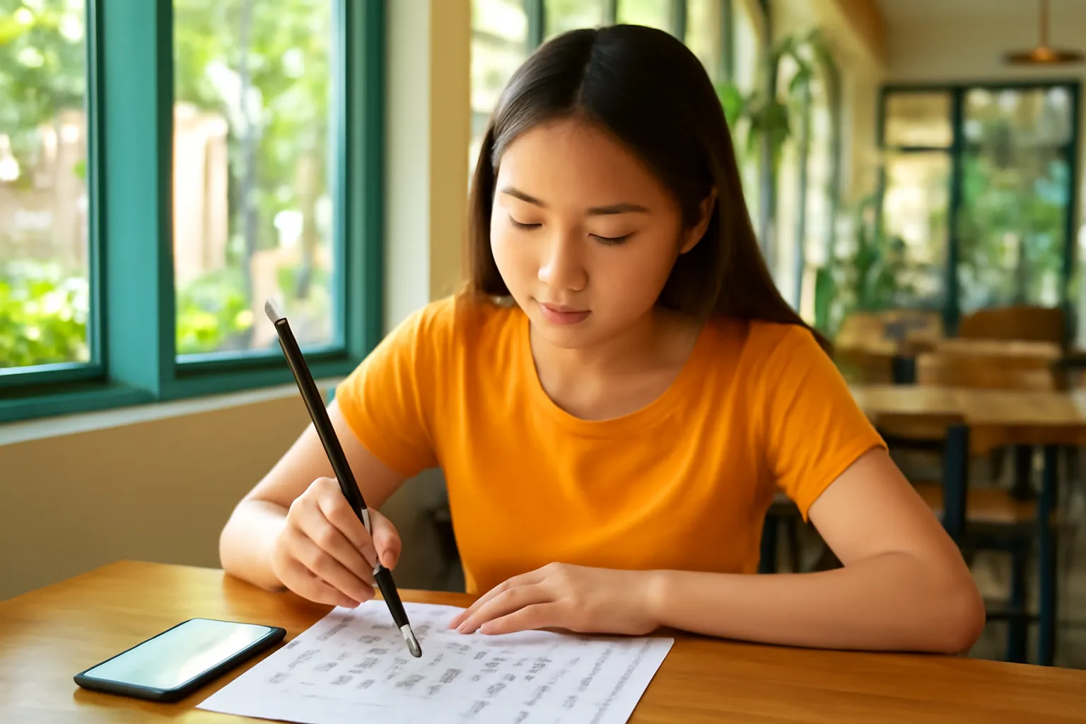 Cô sinh viên tập viết chữ Hán bằng bút lông trong quán cà phê sáng sủa