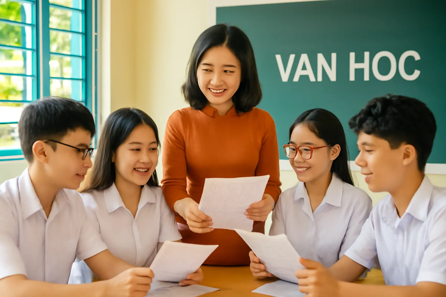 Cô giáo trao đổi bài viết tay với nhóm học sinh lớp 11 trong lớp học sáng