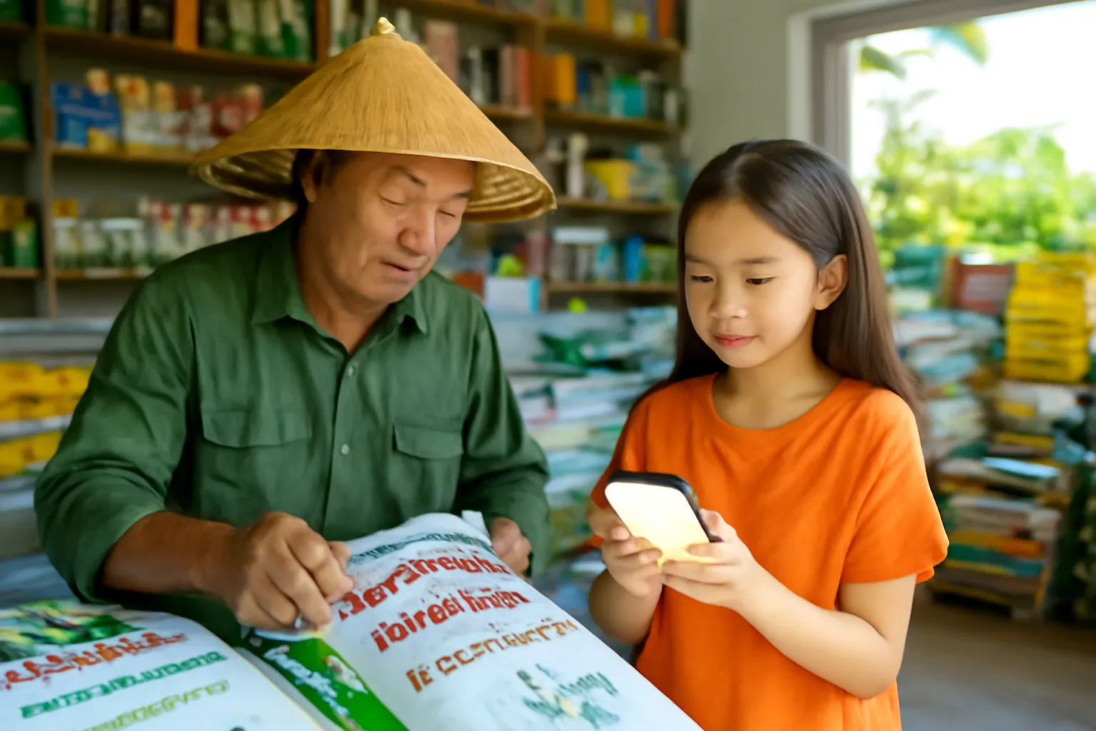 Bác nông dân xem bao phân ở đại lý vật tư cùng con gái cầm điện thoại
