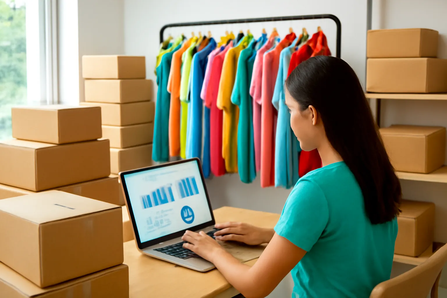 Chủ shop thời trang xem máy tính trong kho hàng nhỏ giữa các thùng quần áo