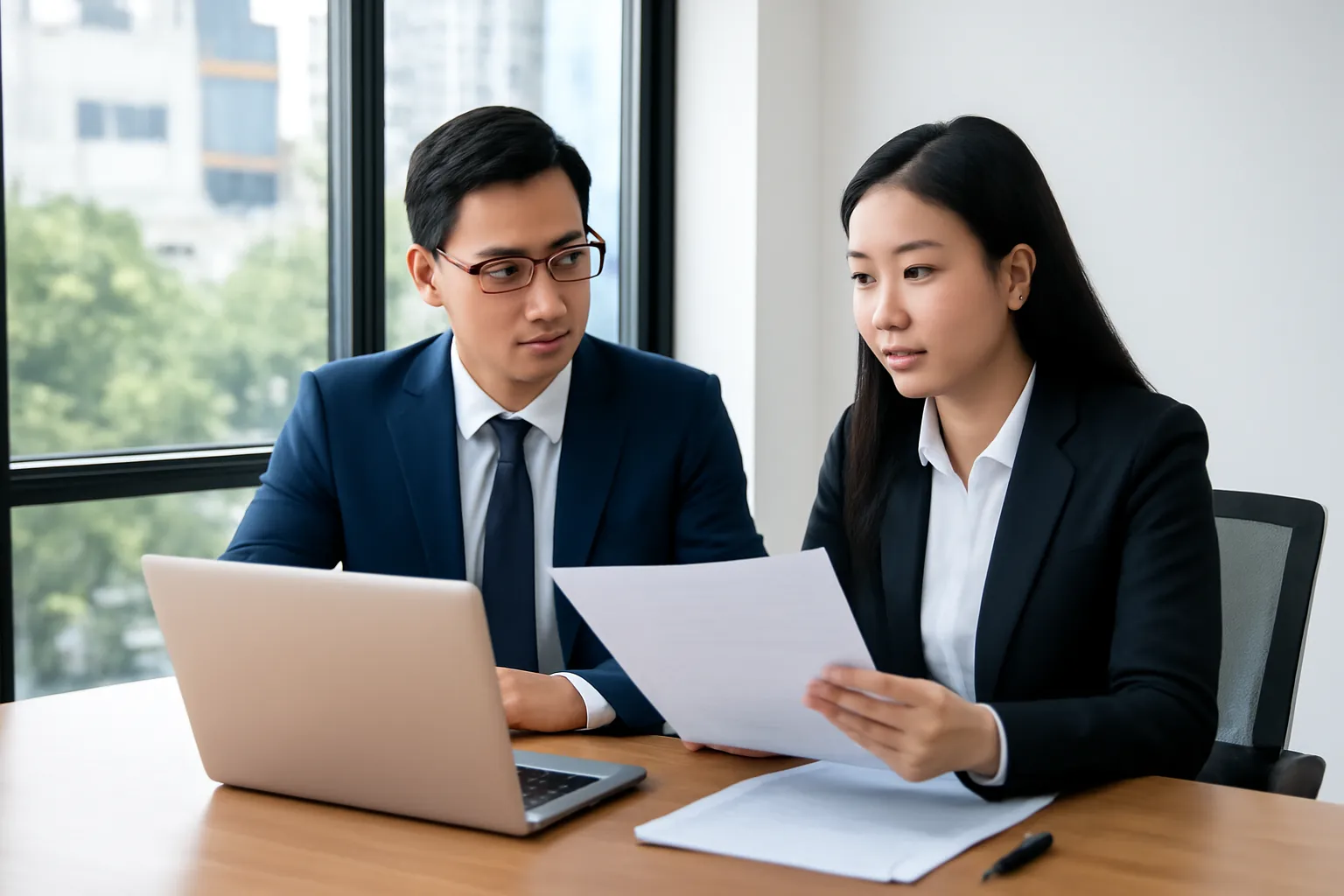 Hai luật sư rà tài liệu trong phòng họp văn phòng luật hiện đại