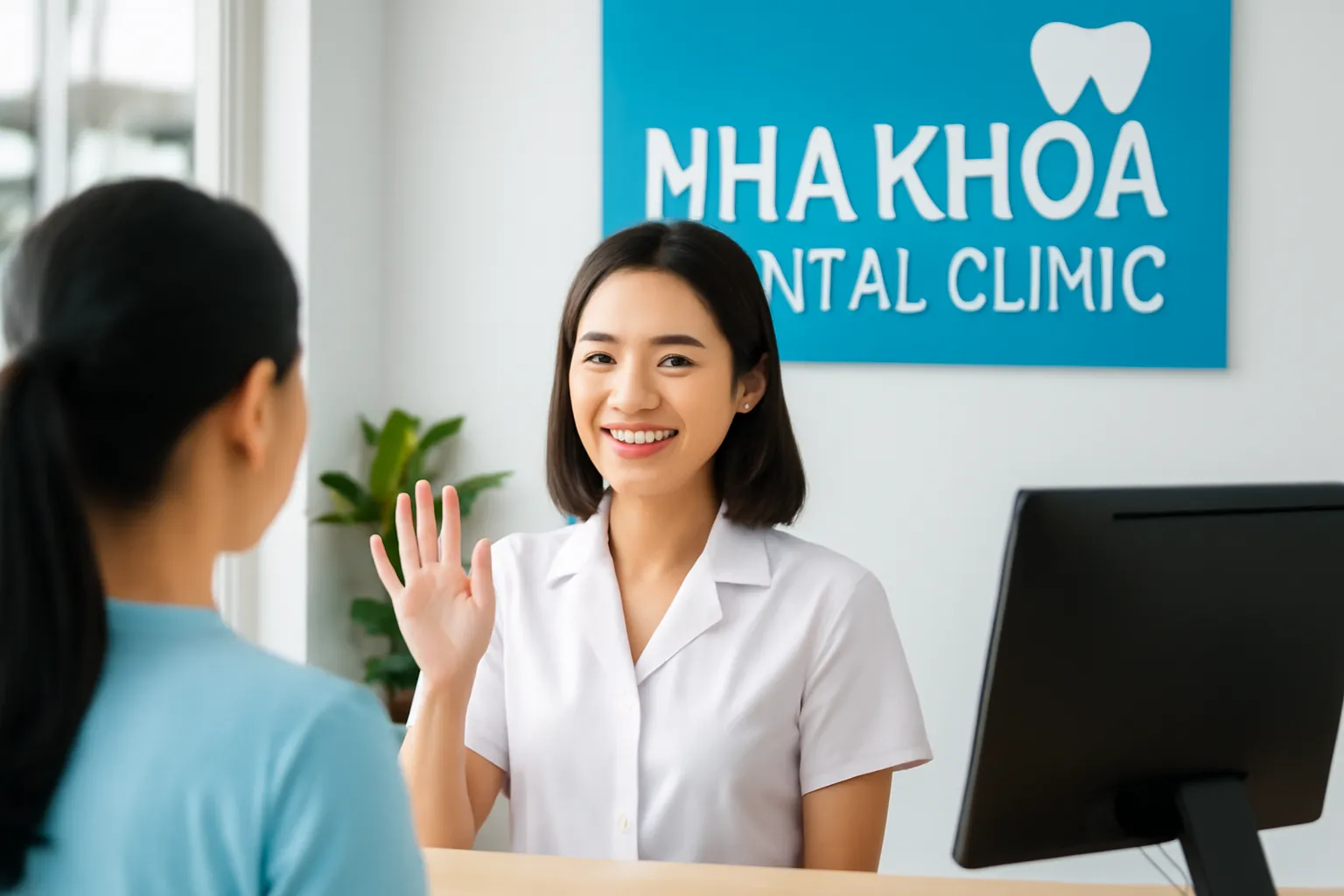 Nữ lễ tân phòng khám nha khoa tươi cười đón khách ở quầy sáng sủa