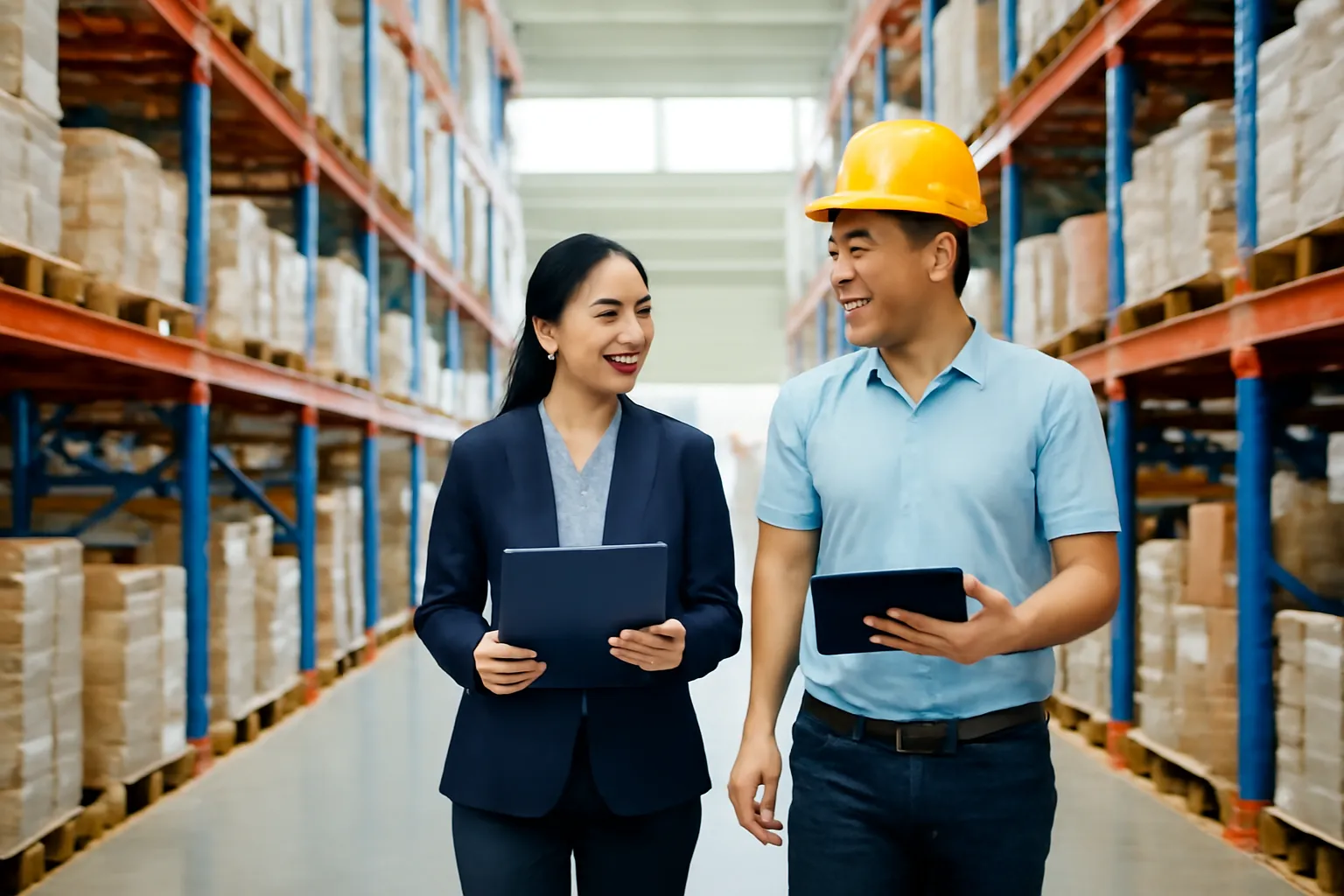 Quản lý tài chính và quản lý kho đi giữa các kệ hàng trong nhà kho sáng sủa