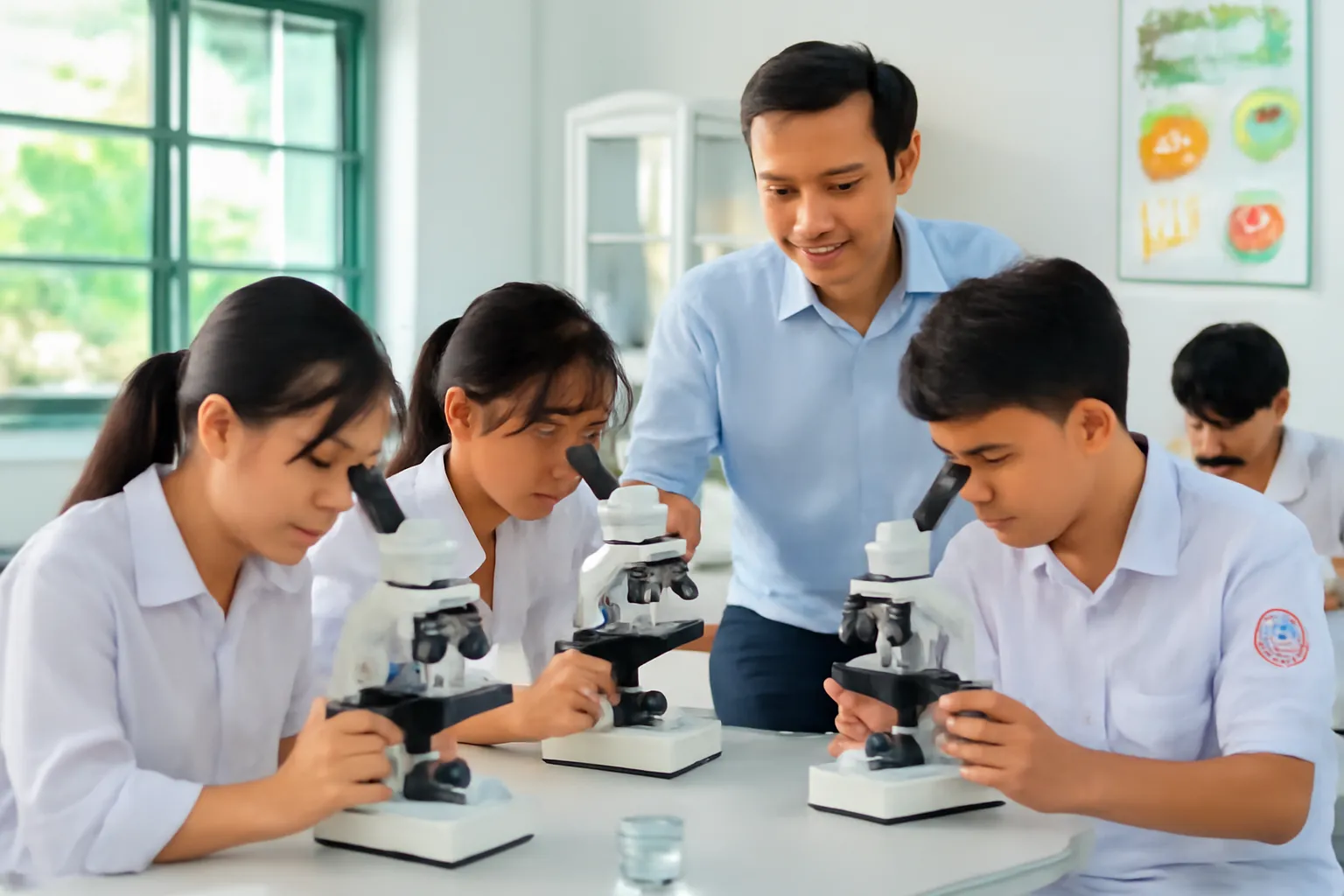 Học sinh nhìn qua kính hiển vi trong phòng thực hành Sinh, thầy giáo hướng dẫn