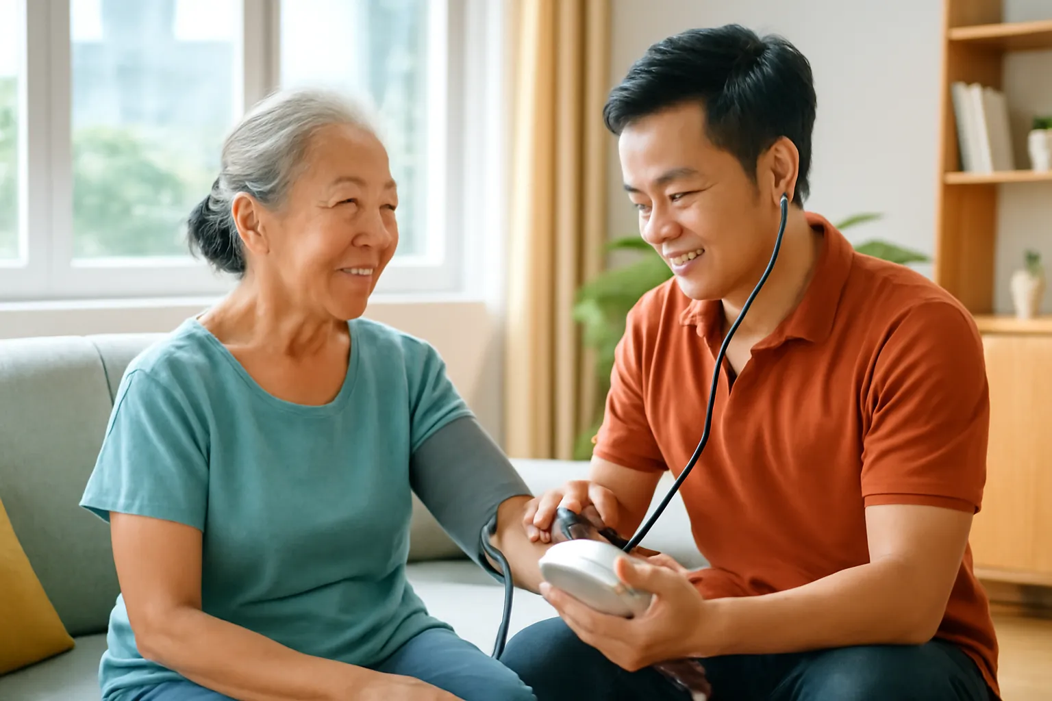 Con trai đo huyết áp cho mẹ bằng máy đo tại nhà trong phòng khách sáng