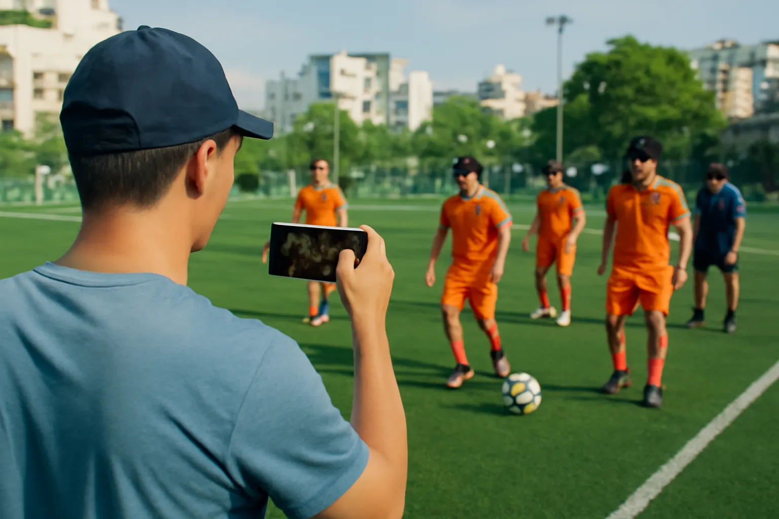 Đội bóng phủi trên sân cỏ nhân tạo ở Sài Gòn, huấn luyện viên quay video bằng điện thoại