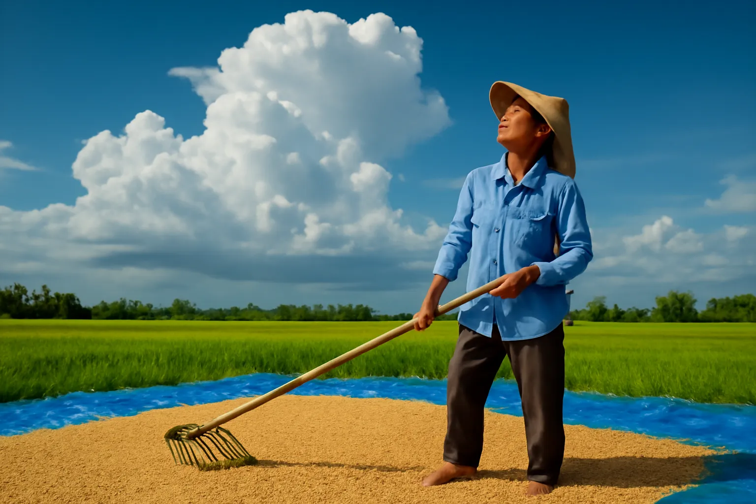 Nông dân miền Tây cào lúa phơi trên bạt, ngước nhìn đám mây đang kéo tới