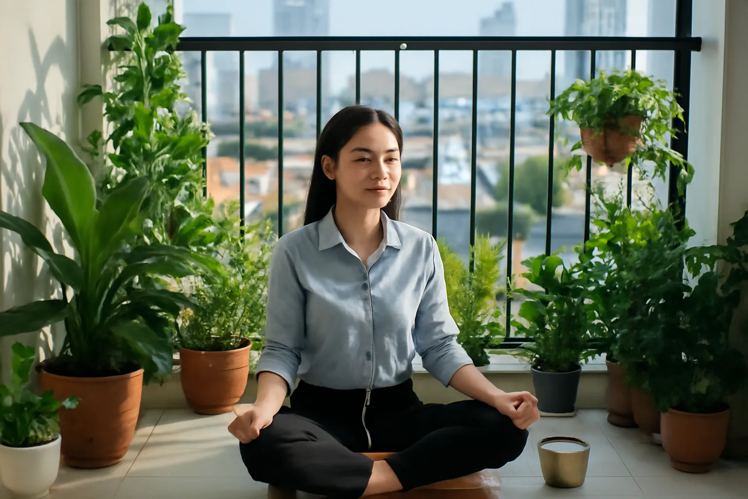Nhân viên văn phòng trẻ ngồi ban công chung cư nhiều cây xanh, đeo tai nghe, mắt nhắm
