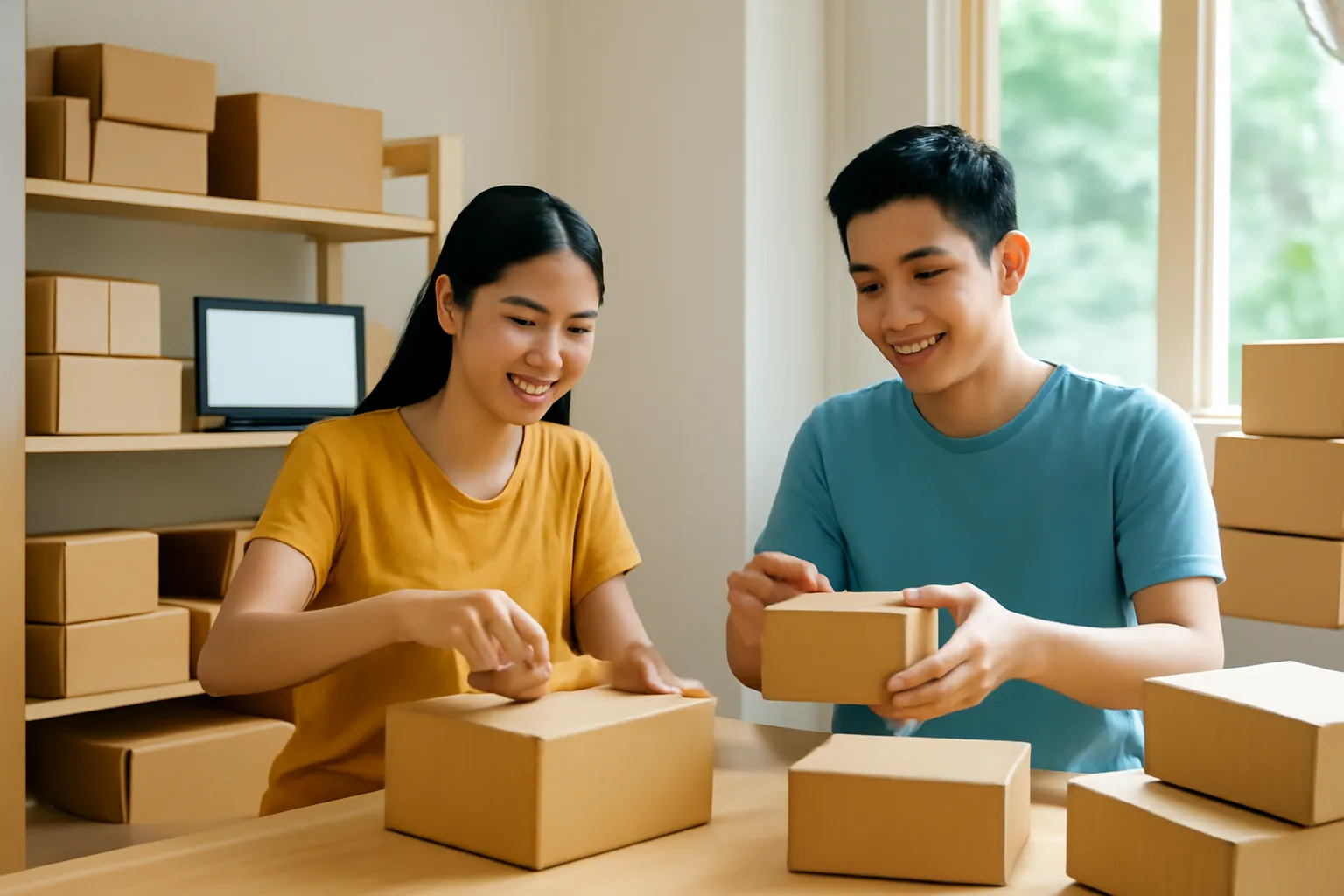 Cặp vợ chồng trẻ đóng gói đơn hàng trong kho nhỏ tại nhà ở Hà Nội
