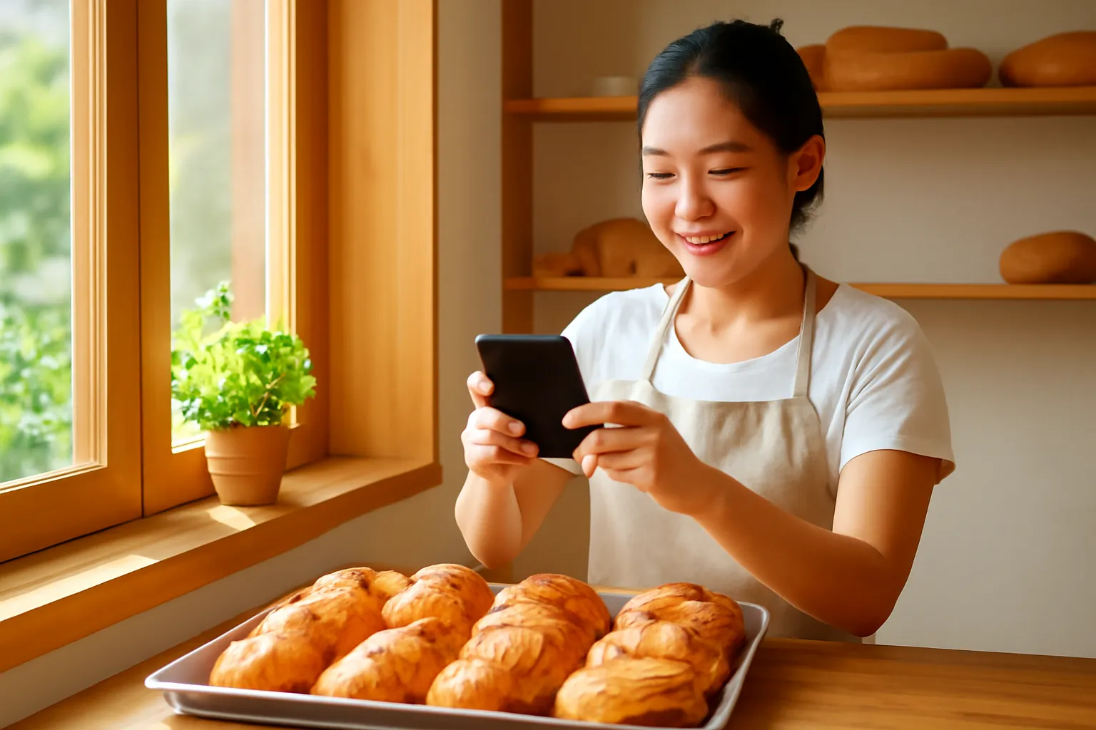 Chủ tiệm bánh ở Huế chụp ảnh khay bánh bên cửa sổ bằng điện thoại