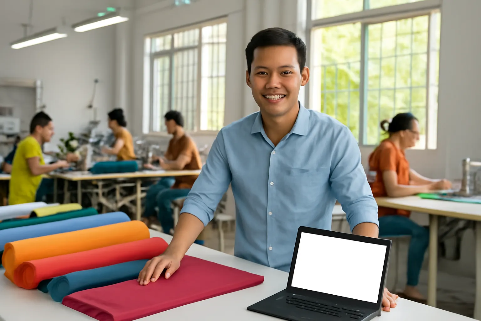 Chủ xưởng may ở Bình Dương đặt laptop nhỏ trên bàn cắt vải giữa các cuộn vải màu