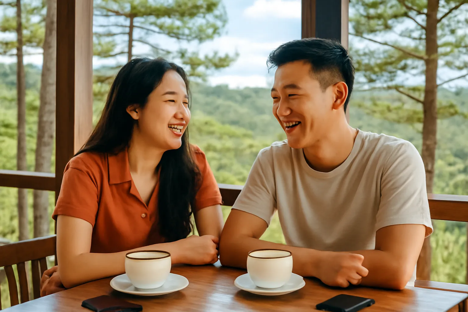 Đôi bạn trẻ cười nói trong quán cà phê Đà Lạt, điện thoại úp trên bàn