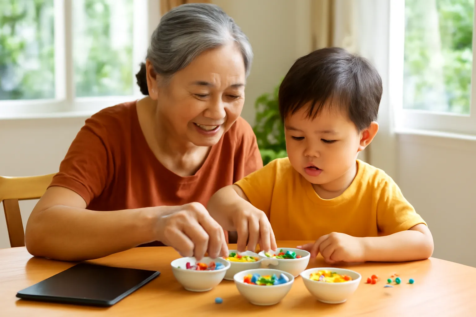 Bà và cháu nhỏ đếm hạt đậu trên bàn gỗ, máy tính bảng tắt màn bên cạnh