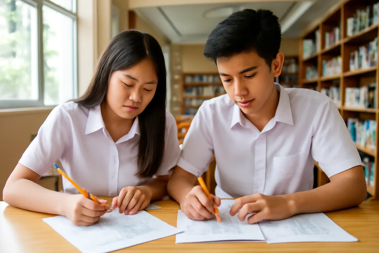 Hai học sinh cấp ba làm bài toán trên giấy nháp ở thư viện trường buổi chiều