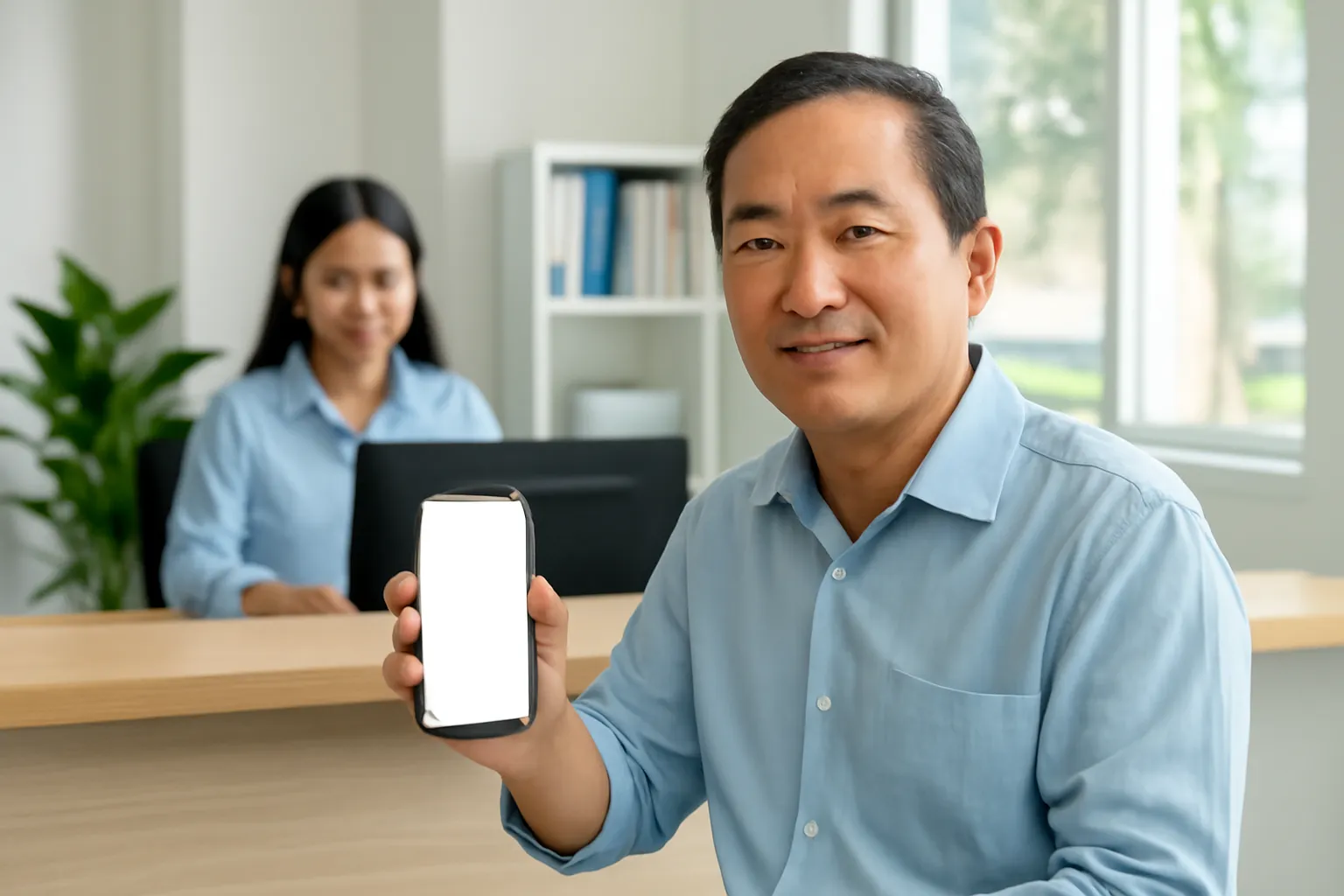 Người đàn ông trung niên ở bàn tiếp dân phường cầm điện thoại tra thông tin