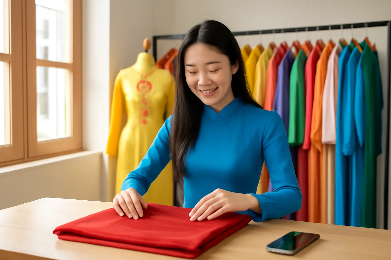 Chủ tiệm áo dài trẻ ở Hội An gấp hàng, điện thoại úp trên quầy