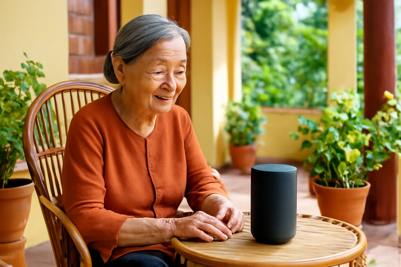 Bà cụ ngồi trên ghế mây ở hiên nhà trò chuyện với chiếc loa nhỏ