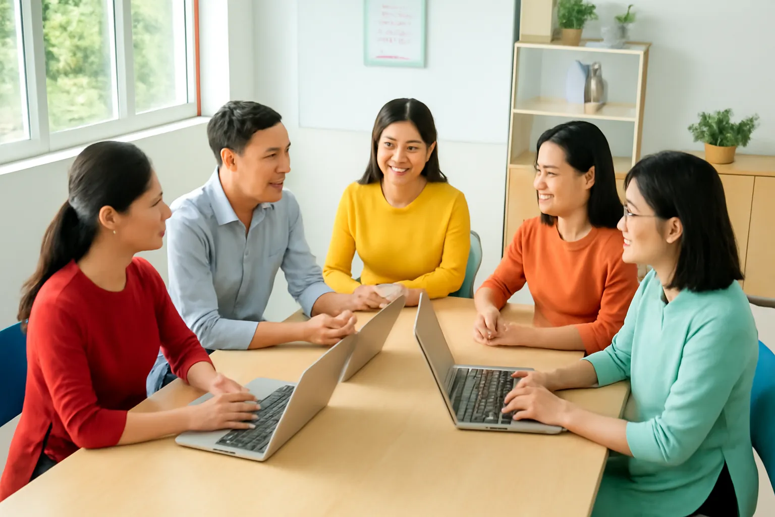 Tổ giáo viên trường trung học cơ sở họp quanh bàn dài trong phòng hội đồng