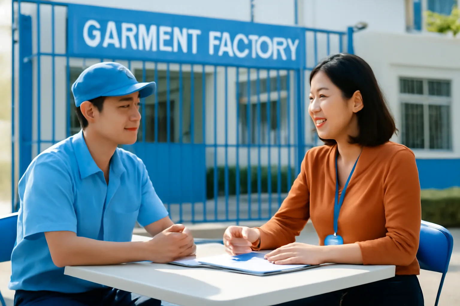 Nhân viên nhân sự phỏng vấn công nhân bên bàn gấp ở cổng xưởng may