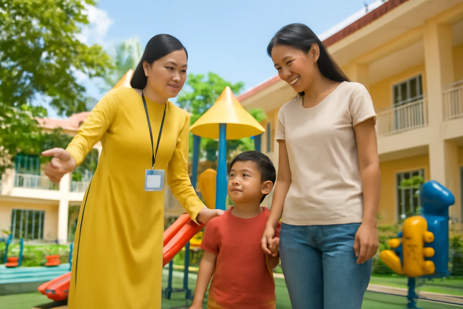 Cô hiệu trưởng mầm non dẫn phụ huynh và bé tham quan sân chơi của trường
