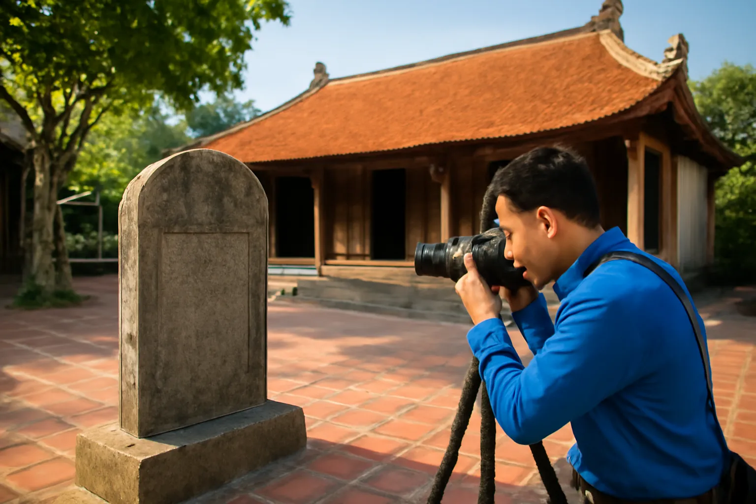 Cán bộ bảo tàng chụp ảnh bia đá trong sân đình làng bằng máy ảnh