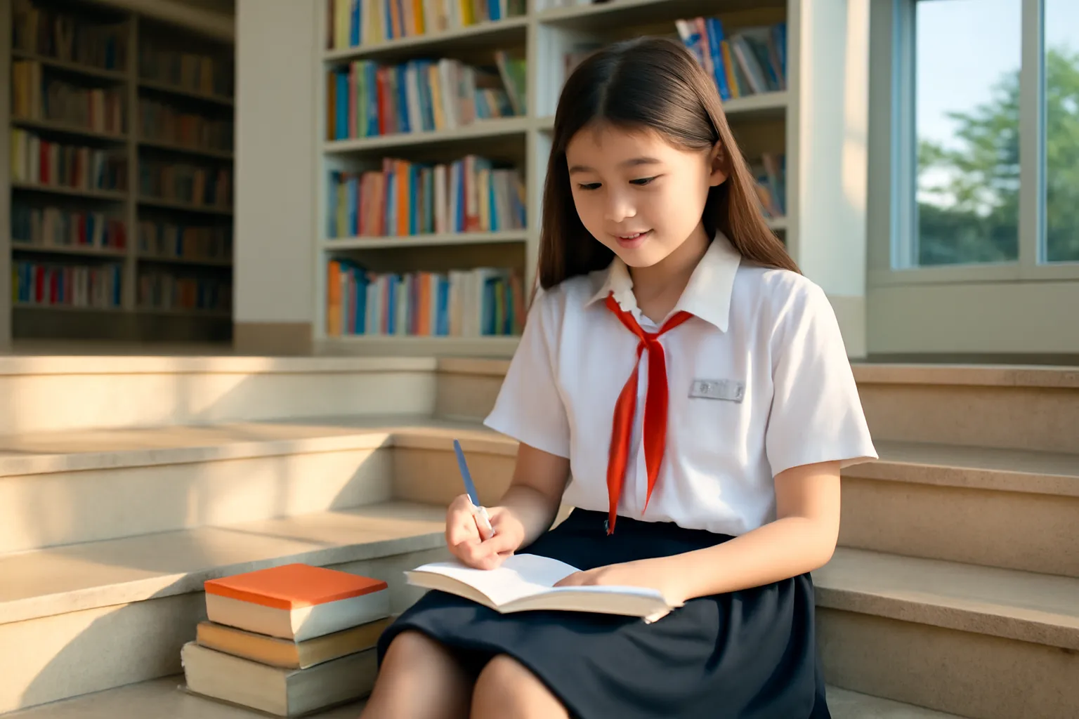 Nữ sinh lớp chín ngồi trên bậc thềm thư viện ghi chép vào vở