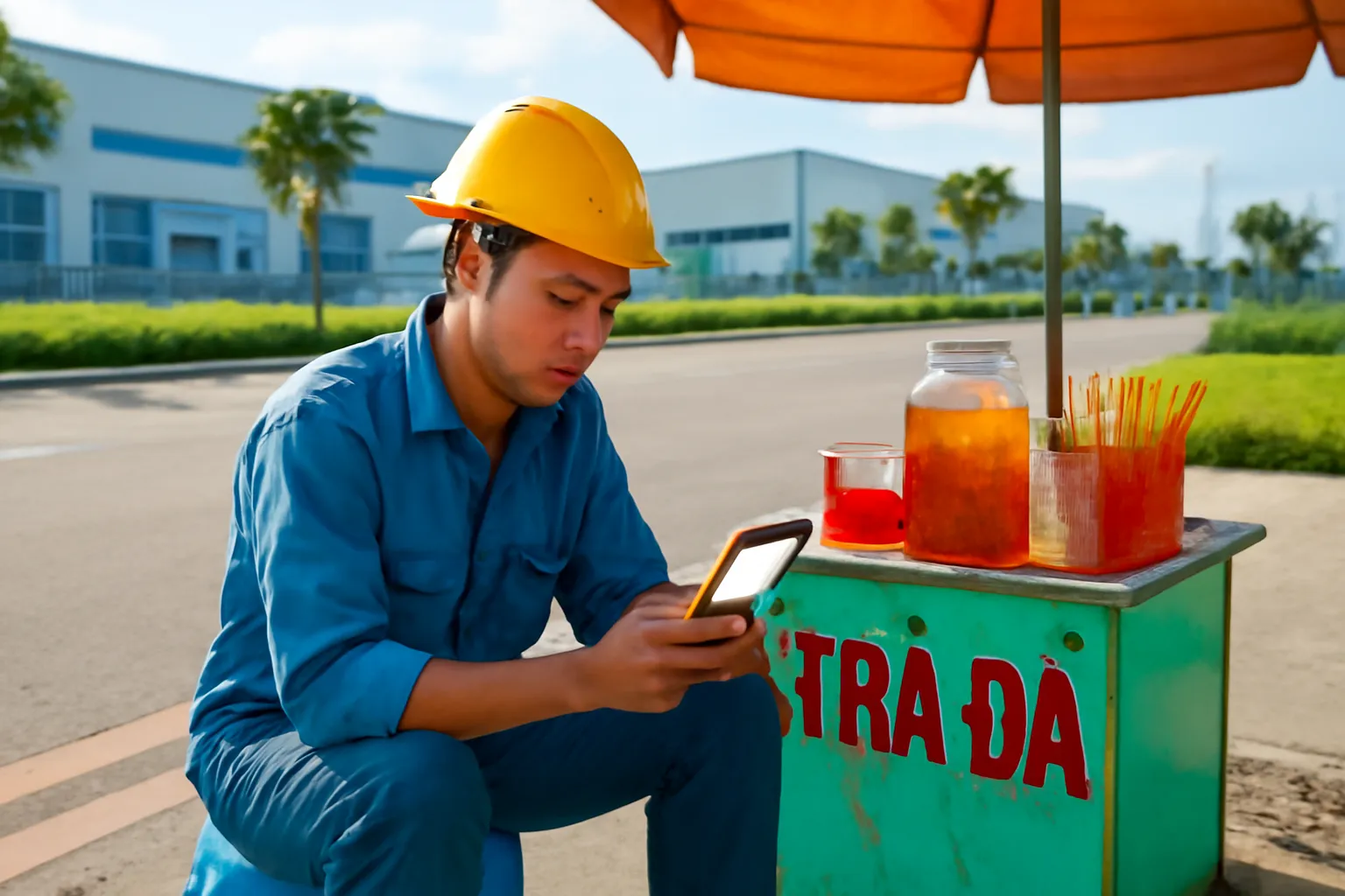Thanh niên công nhân ngồi ghế nhựa ở quán trà đá xem điện thoại tìm việc