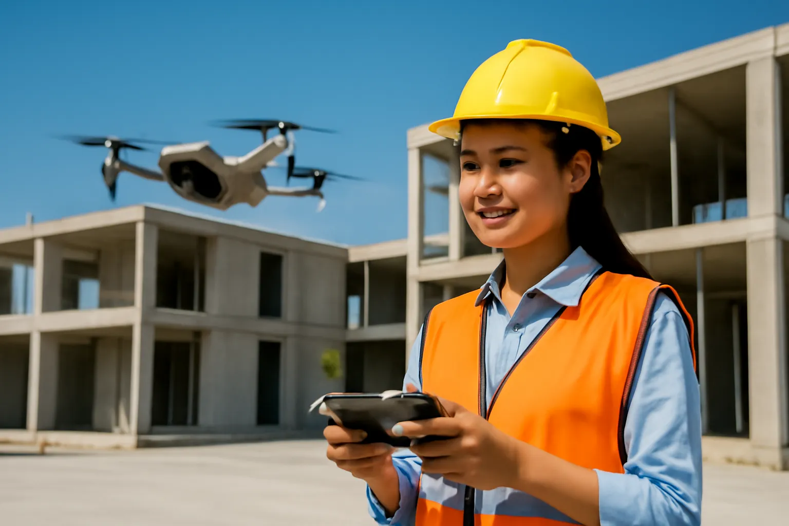 Kỹ sư nữ đội mũ bảo hộ điều khiển thiết bị bay trên sàn nhà phố đang xây