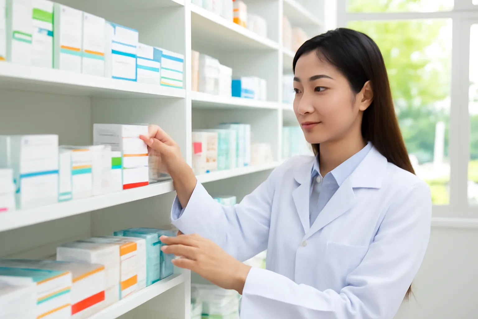 Dược sĩ trẻ sắp xếp hộp thuốc trên kệ nhà thuốc trong khu dân cư