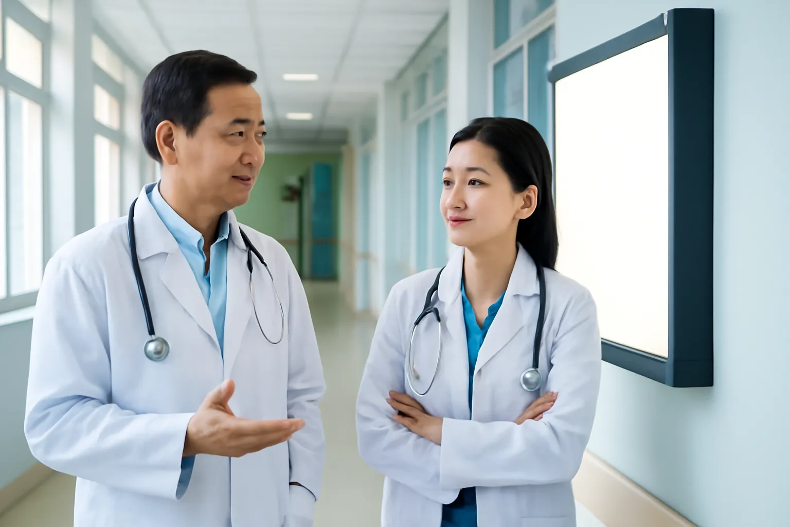 Hai bác sĩ trao đổi trước hộp đèn đọc phim ở hành lang bệnh viện tỉnh