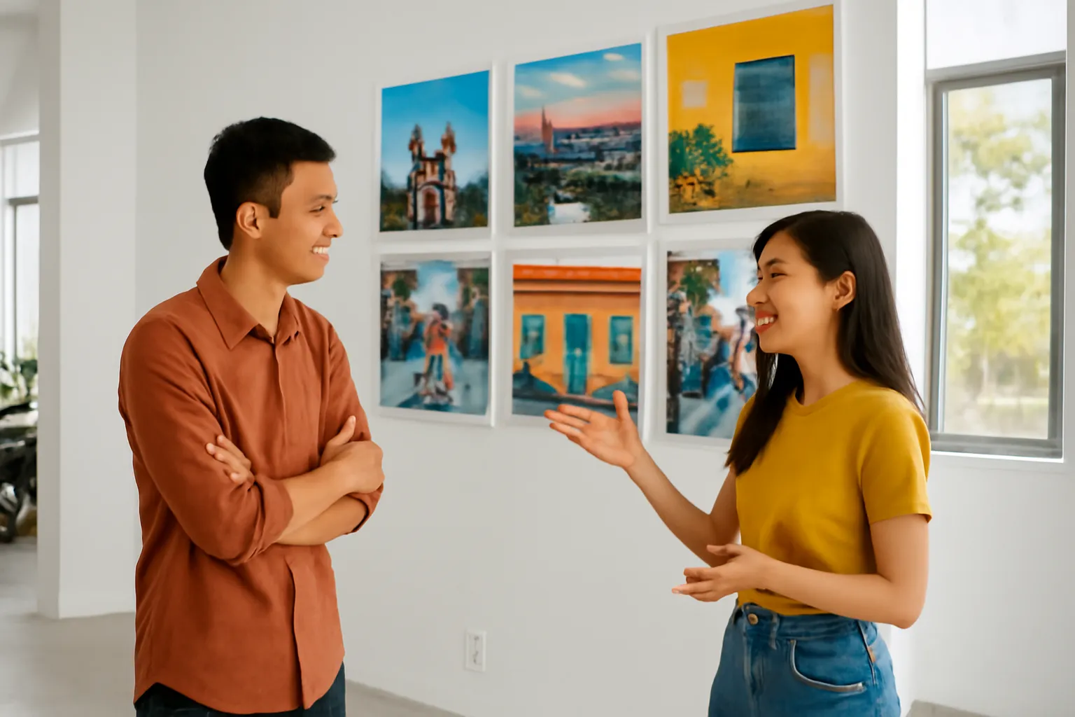 Hai nhà thiết kế bàn bạc trước bức tường dán nhiều ảnh in khổ lớn trong studio