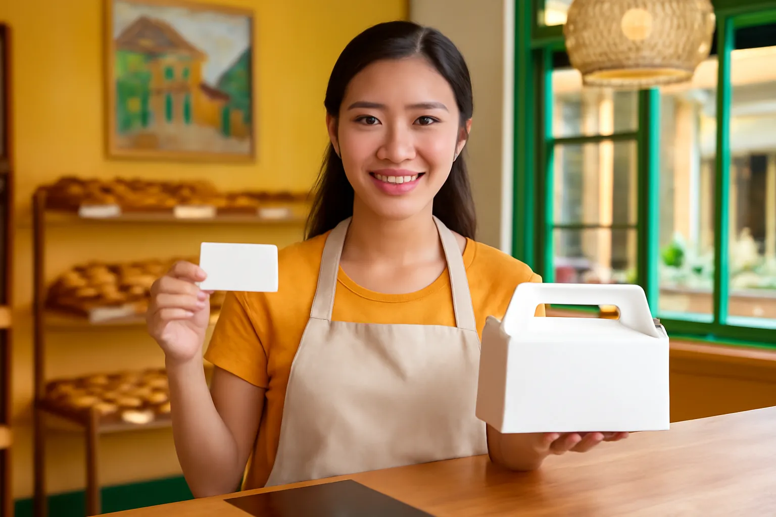 Chủ tiệm bánh trẻ cầm mẫu nhãn trắng bên hộp bánh mới trên quầy