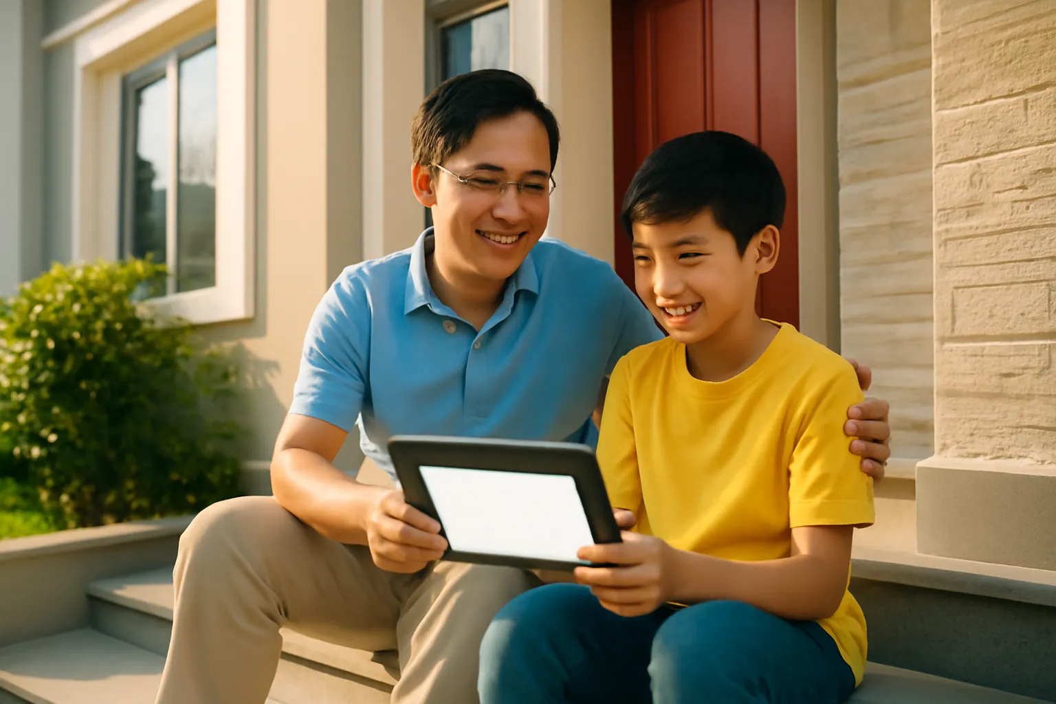 Người cha và con trai ngồi bậc thềm nhà cùng xem máy tính bảng