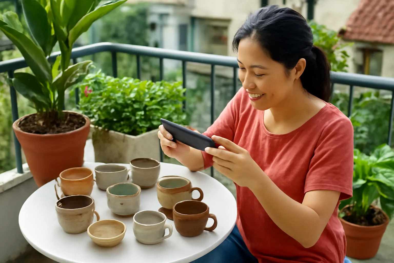 Chủ shop gốm dùng điện thoại chụp cốc gốm làm tay trên bàn ban công nhiều cây xanh
