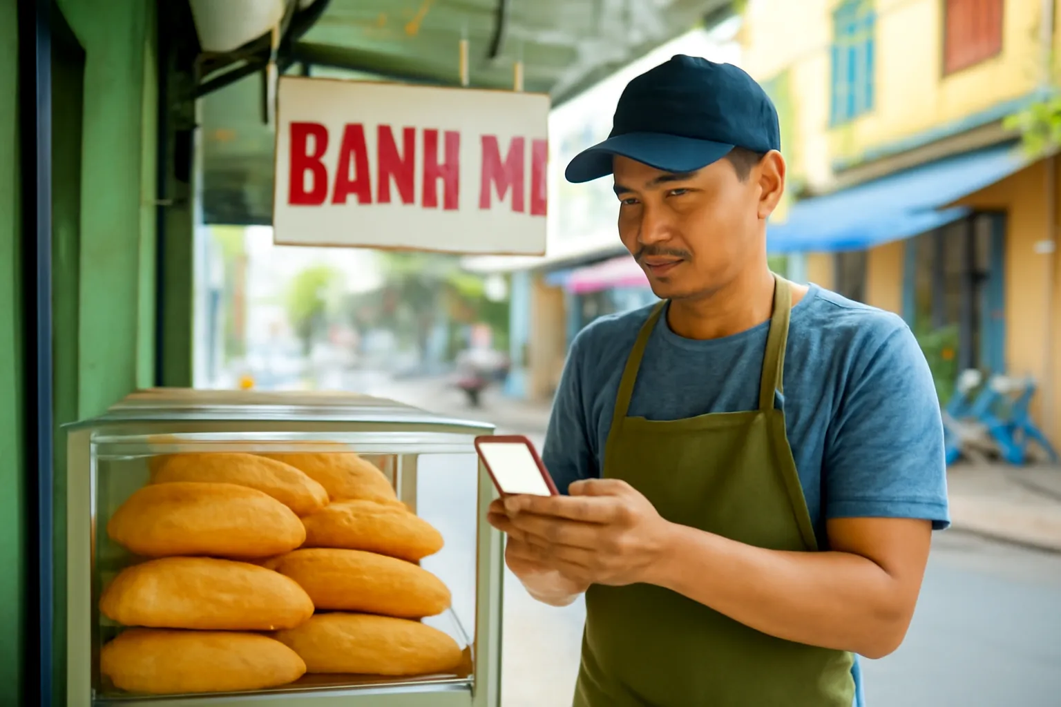 Chủ tiệm bánh mì buổi sớm gõ điện thoại trước tủ bánh