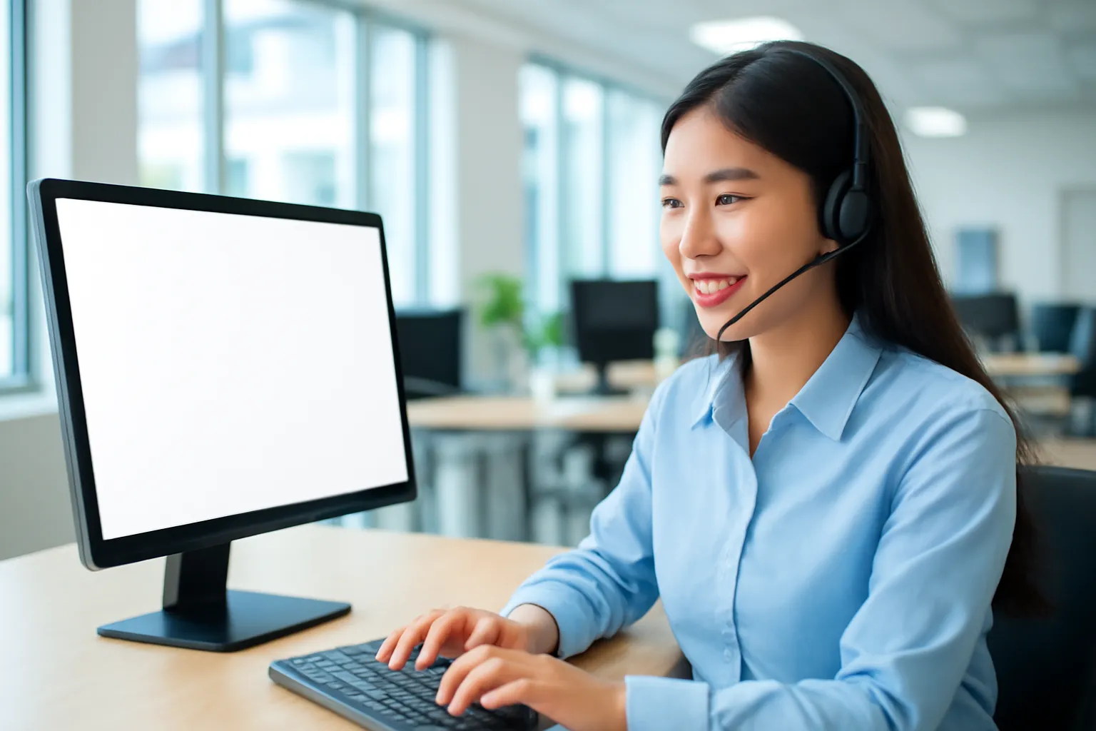 Nhân viên chăm sóc khách hàng đeo tai nghe làm việc trong văn phòng mở sáng sủa
