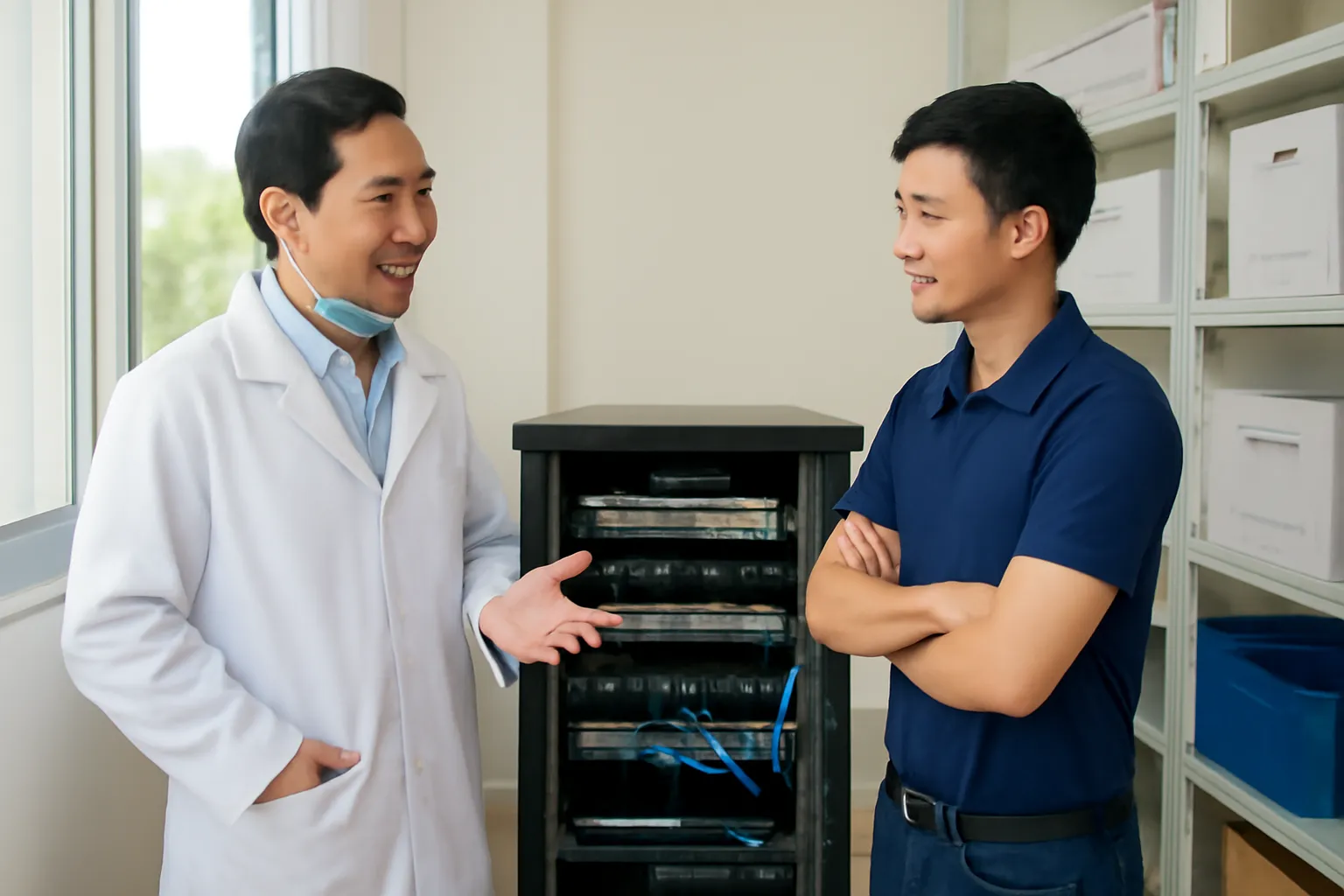 Bác sĩ nha khoa trao đổi với kỹ thuật viên bên tủ máy chủ nhỏ