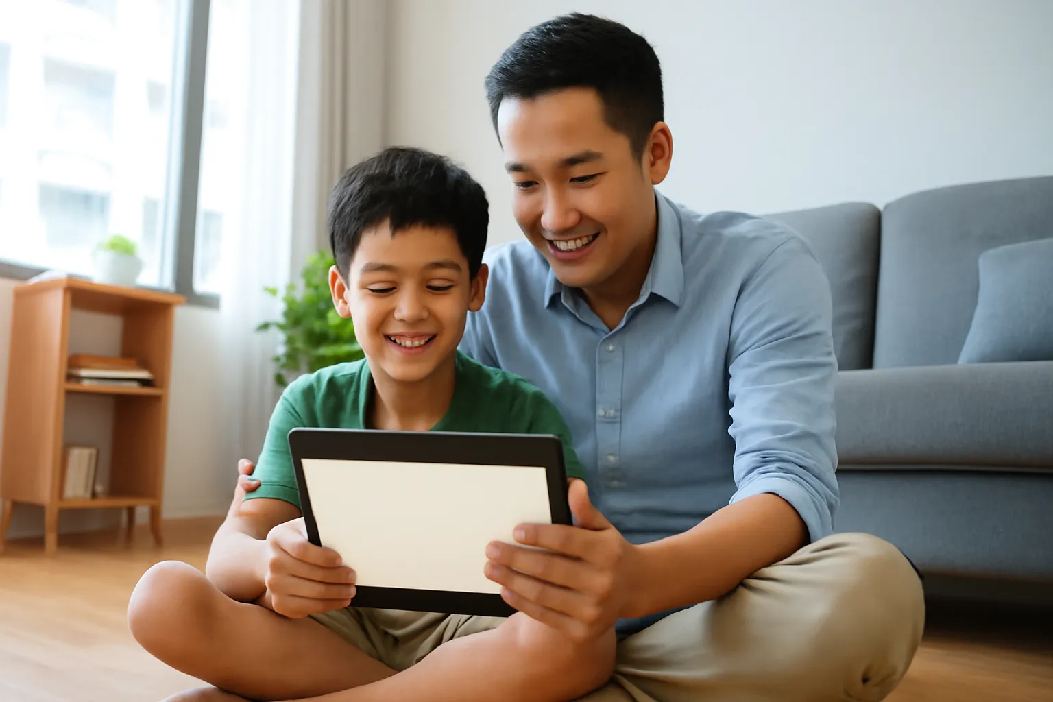 Bố và con trai ngồi sàn phòng khách cùng xem máy tính bảng