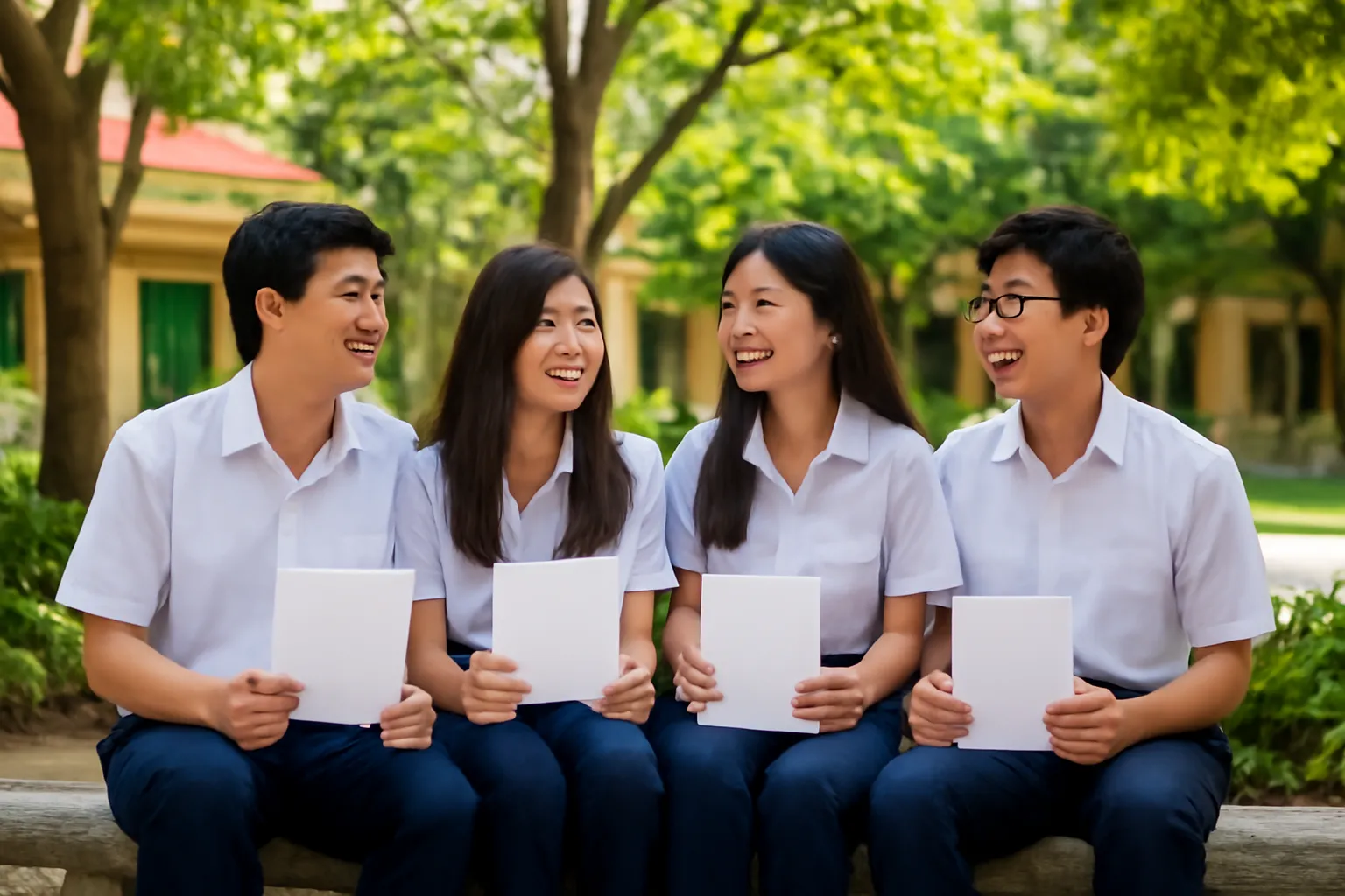 Nhóm học sinh lớp mười hai áo trắng ngồi ghế đá sân trường trò chuyện