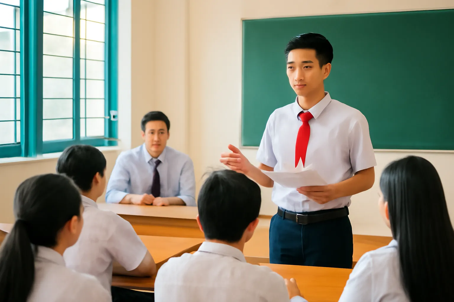 Học sinh trình bày trước lớp, thầy giáo ngồi cuối lớp ghi chép