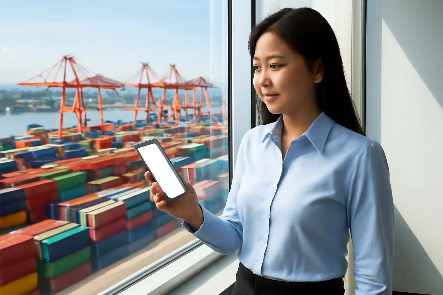 Nhân viên xuất nhập khẩu trong văn phòng nhìn ra bãi container cảng