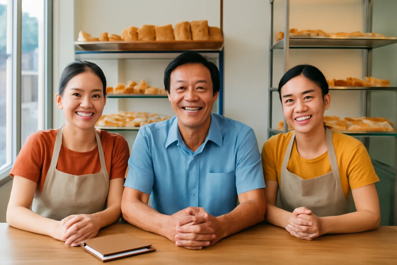 Chủ tiệm bánh ngồi trao đổi với hai nhân viên bên quầy vào buổi sáng