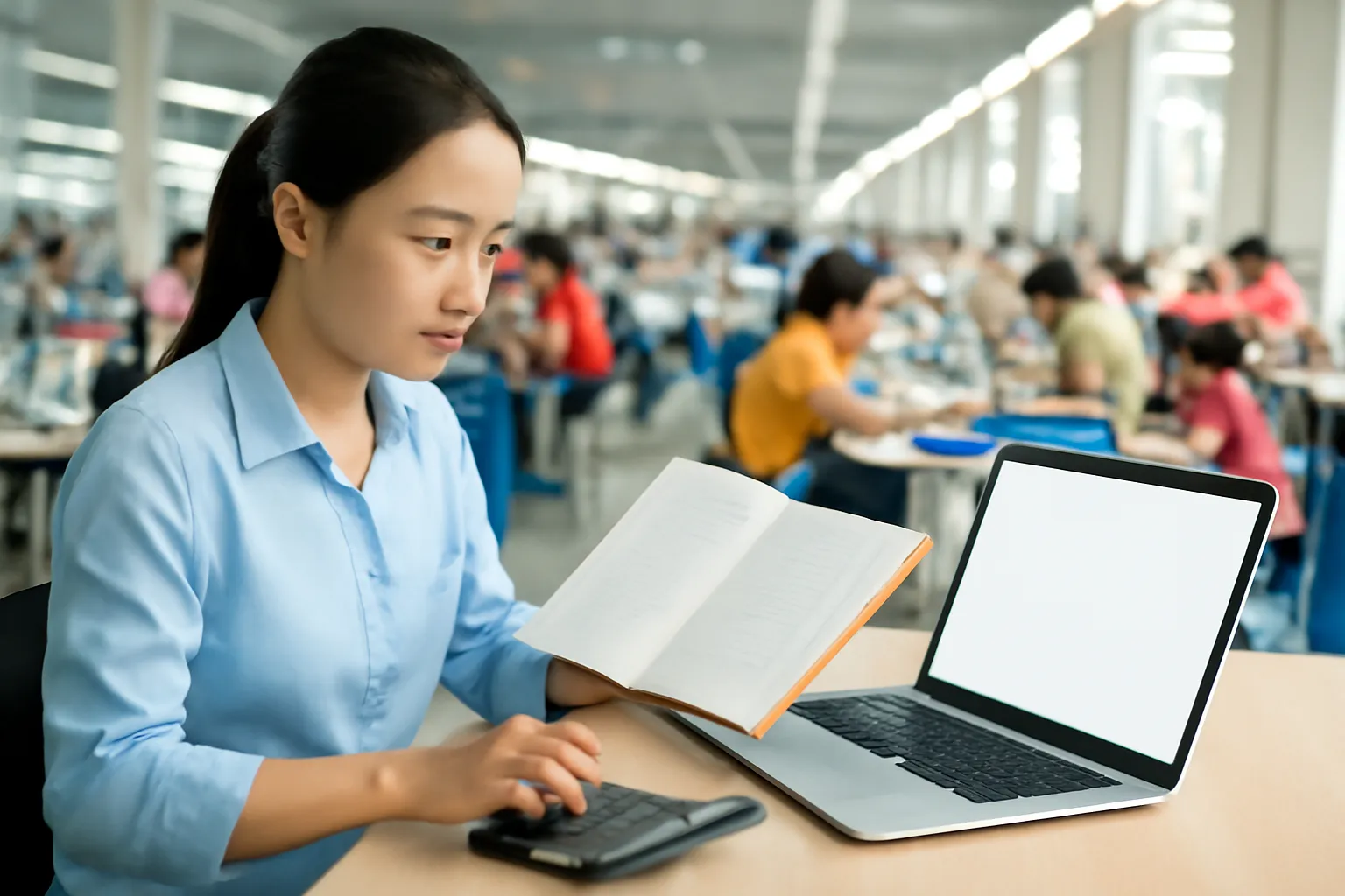 Kế toán xưởng may đối chiếu sổ tay giấy với laptop, chuyền may phía sau