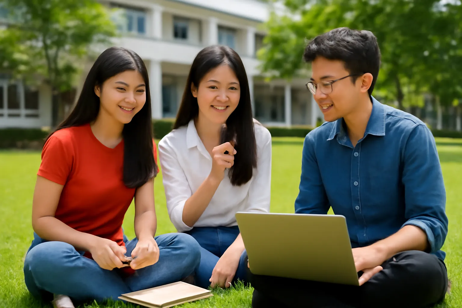 Nhóm sinh viên ngồi trên bãi cỏ trường đại học ghi âm giọng đọc