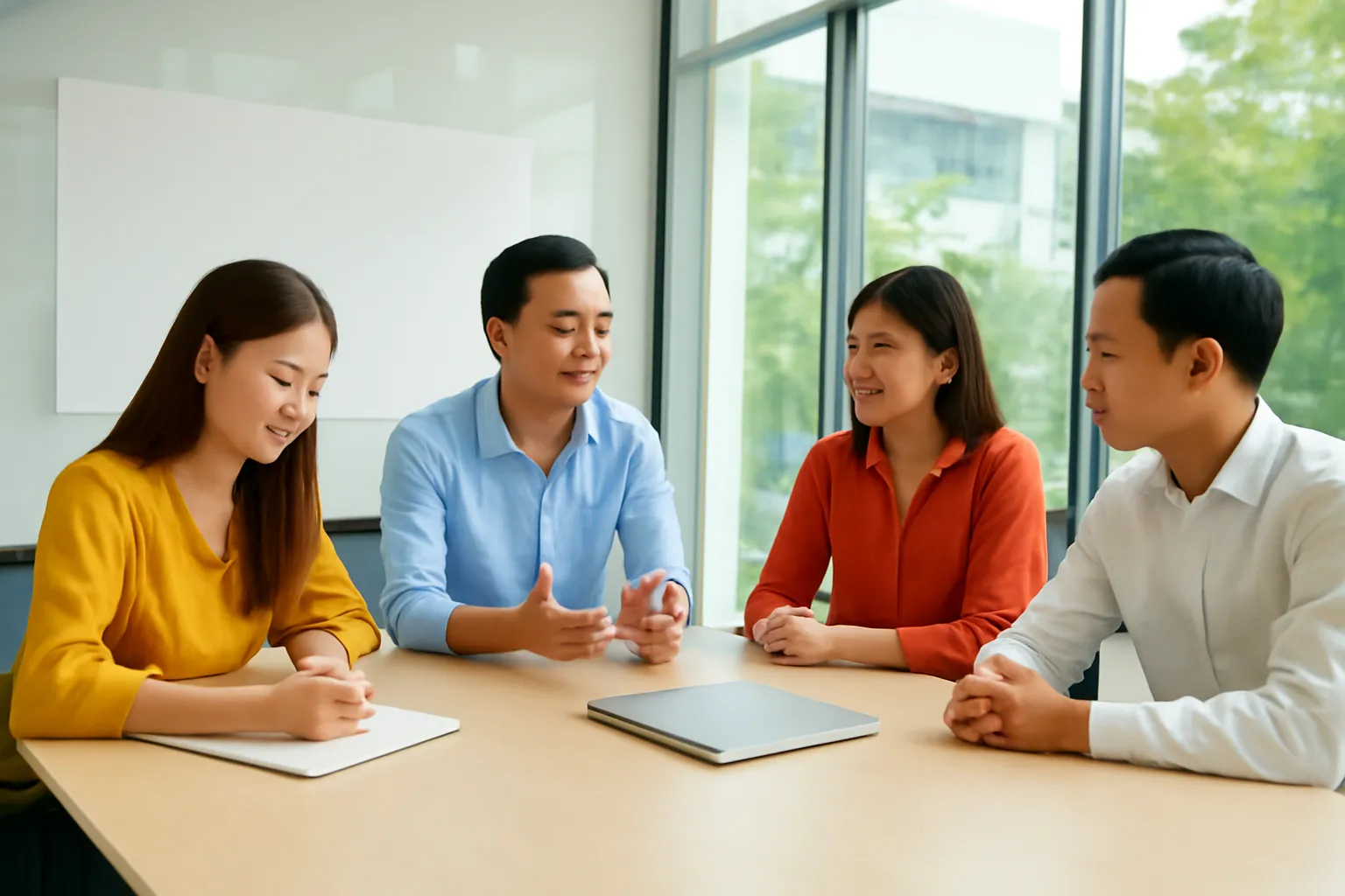Nhóm đồng nghiệp họp trong phòng kính sáng, một người ghi chép