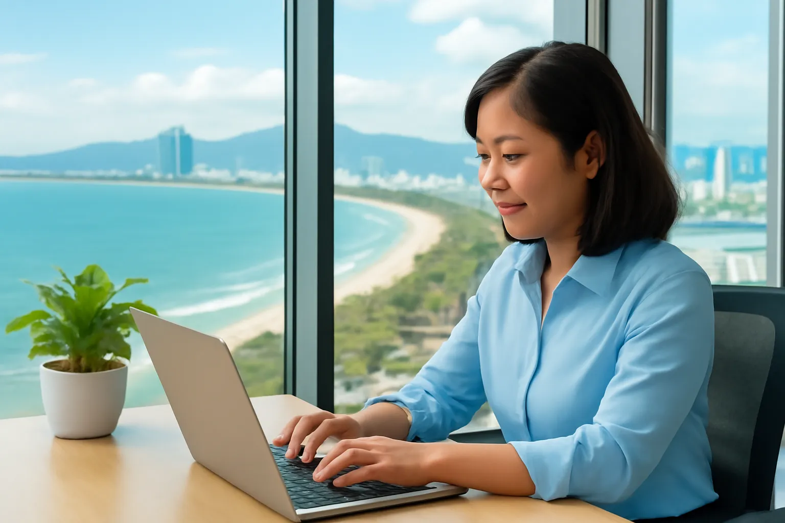 Nhân viên văn phòng ở Đà Nẵng viết trên laptop cạnh cửa kính nhìn ra biển