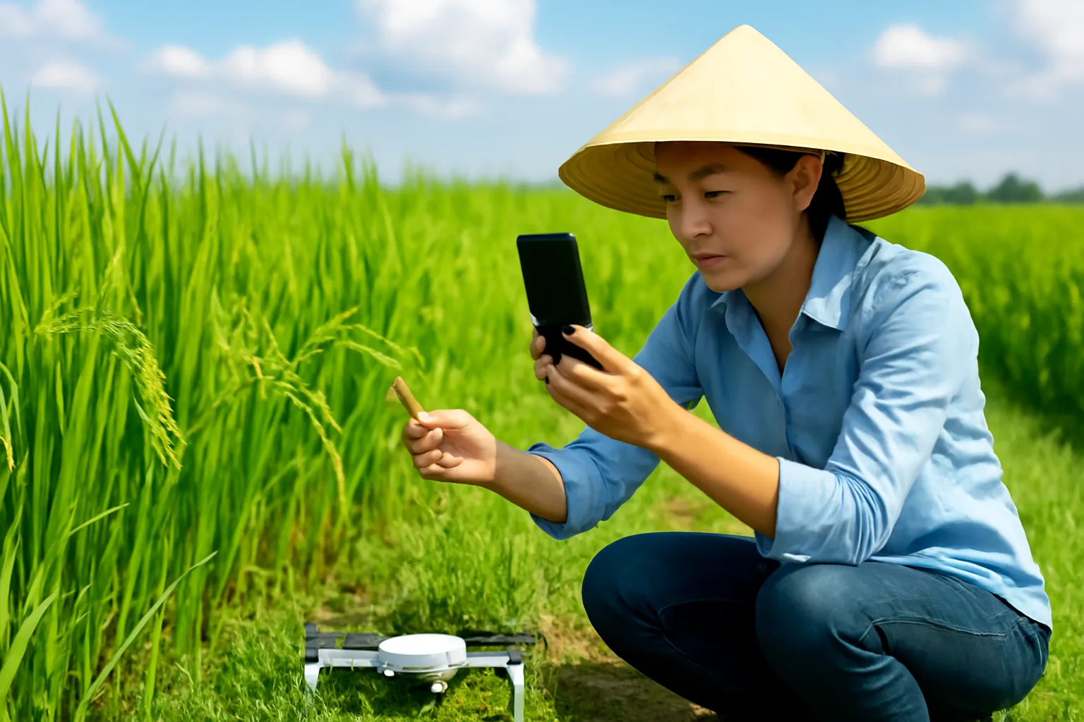 Kỹ sư nông nghiệp chụp lá lúa bằng điện thoại, drone đậu trên bờ ruộng